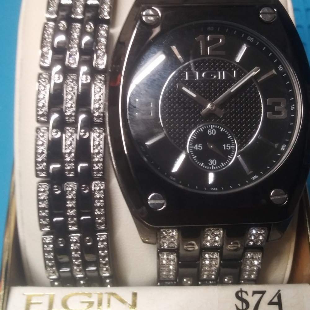 Elgin Men's Gunmetal Tone Watch & Bracelet Set